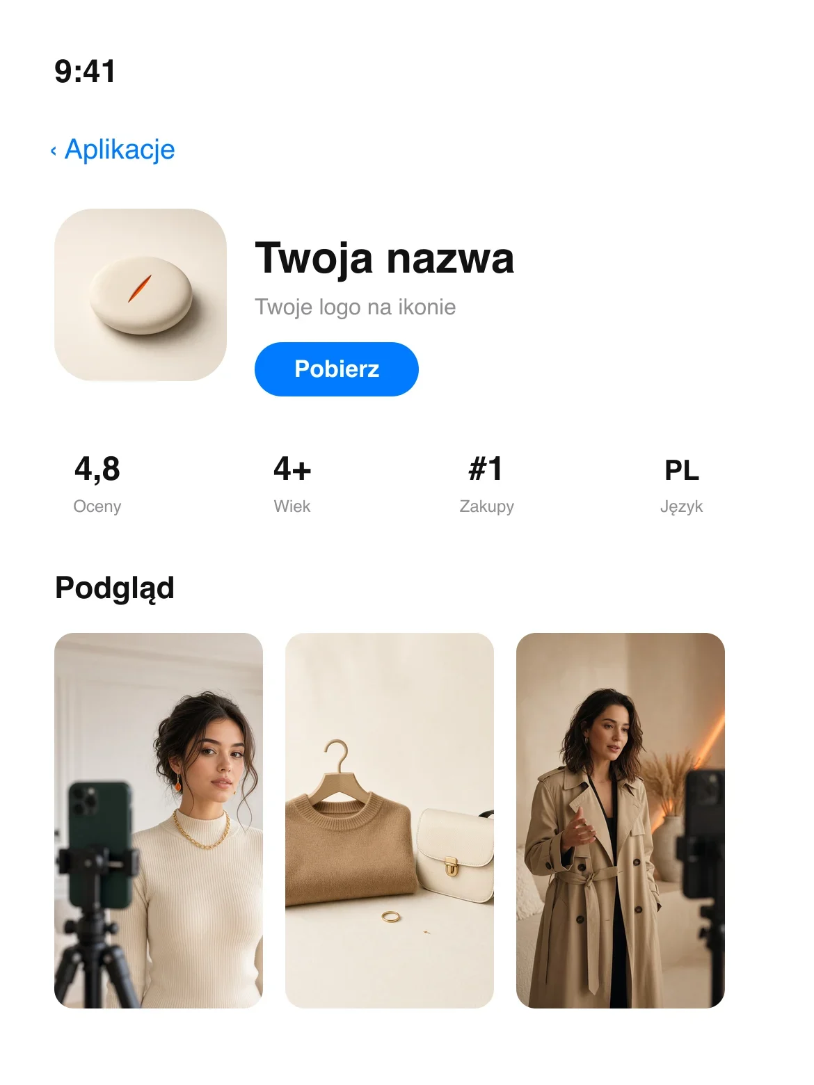 Twoja apka w App Store: Twoje logo, Twoja nazwa, przycisk Pobierz