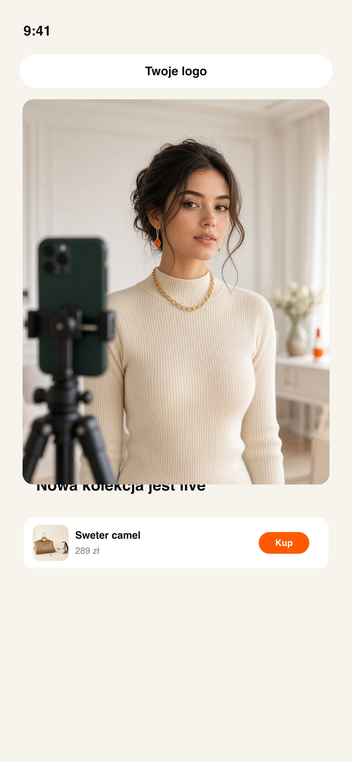 Feed aplikacji z napisem Twoje logo zamiast jest.live